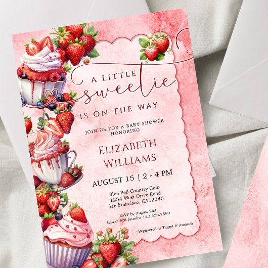 Strawberry Watercolor Sweetie Baby Shower 招待状
