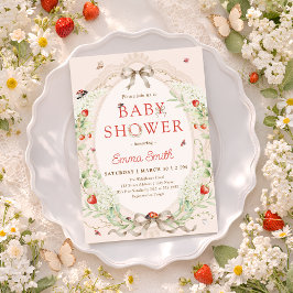 Strawberry Whimsical Ladybug Baby Shower 招待状