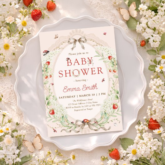 Strawberry Whimsical Ladybug Baby Shower 招待状