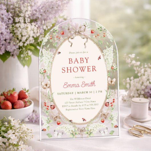 Strawberry Wildflower Lace Frame Baby Shower アクリル招待状
