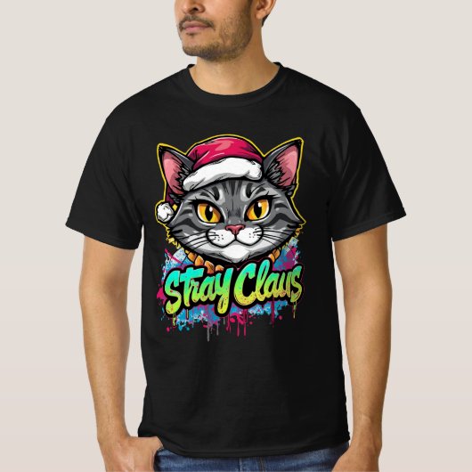 Stray Claus – Graffiti Christmas Cat Design Tシャツ (正面)
