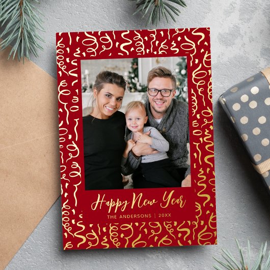 Streamers and Confetti Happy New Year Photo 箔シーズンカード