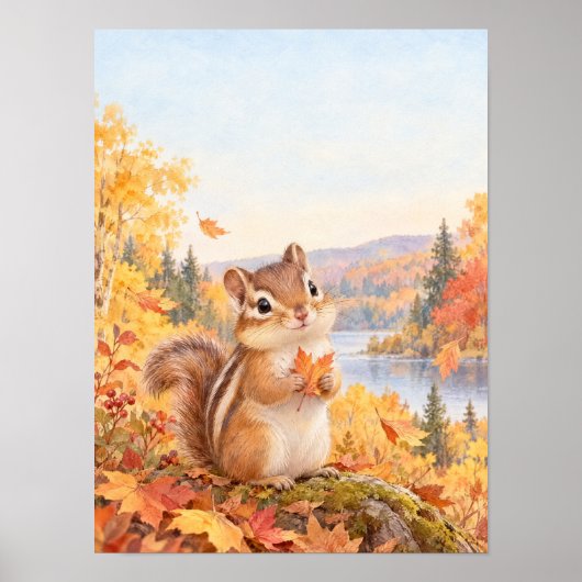 Streifenhörnchen mit Ahornblatt im Herbst – Poster ポスター (正面)
