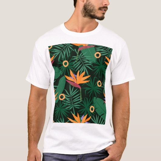 Strelitzia花：トロピックヴィンテージ背景 Tシャツ (正面)