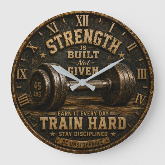 Strength Is Built Not Given Home Gym Fitness ラージ壁時計 (正面)