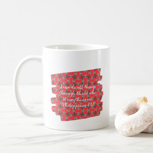 Strength Scripture Red Floral Pattern コーヒーマグカップ (ドーナツ)