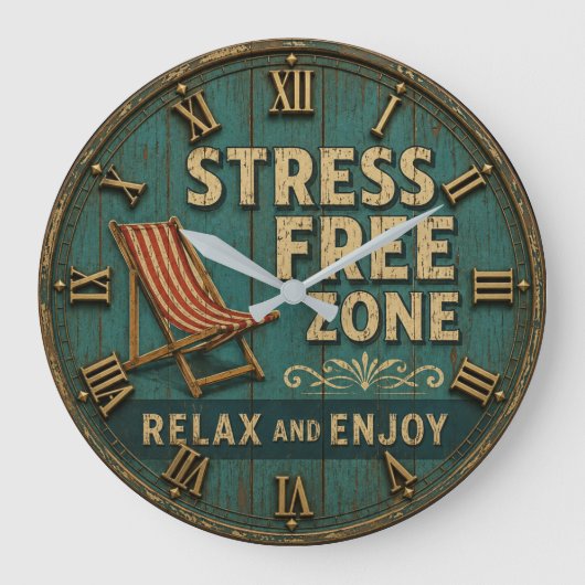 Stress Free Zone Rustic Beach House Decor ラージ壁時計 (正面)