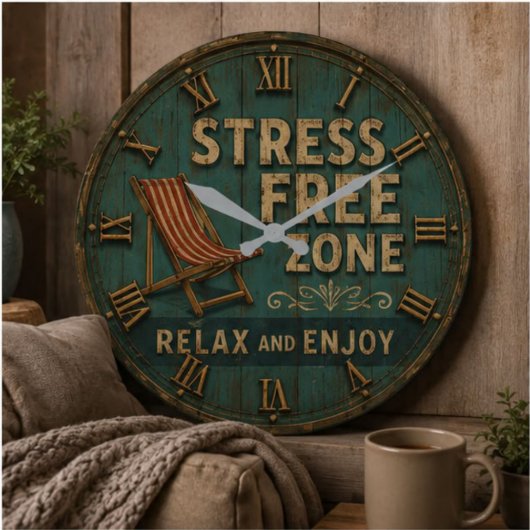 Stress Free Zone Rustic Beach House Decor ラージ壁時計