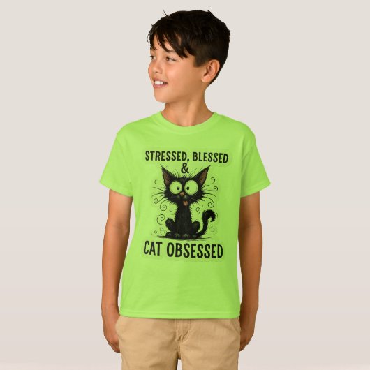 Stressed Blessed & Cat Obsessed Funny Black Cat De Tシャツ (正面フル)