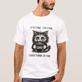 Stressed Coffee Cat – Everything Is Fine Humor Tシャツ