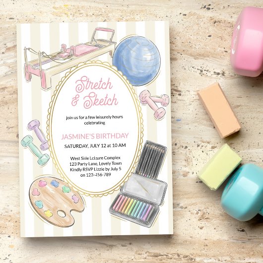 Stretch and Sketch Pilates Art Birthday Party 招待状