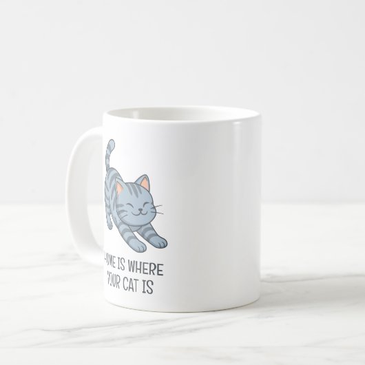 Stretching Grey Tabby Cat Custom Text コーヒーマグカップ (正面左)