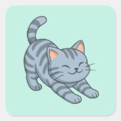 Stretching Grey Tabby Cat Green スクエアシール (正面)