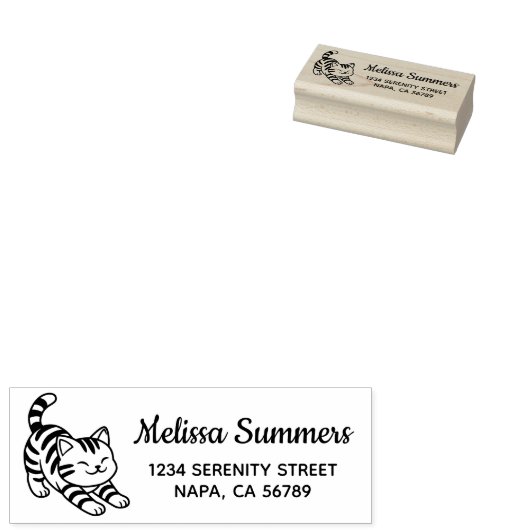Stretching Tabby Cat Return Address ラバースタンプ (押印)