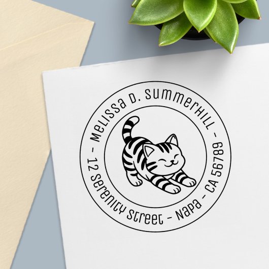 Stretching Tabby Cat Round Address セルフインキングスタンプ