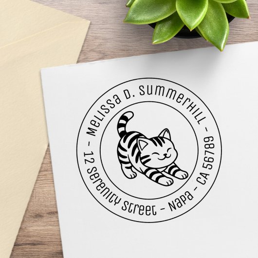 Stretching Tabby Cat Round Address ラバースタンプ