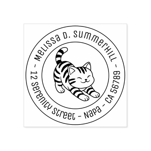 Stretching Tabby Cat Round Address ラバースタンプ (インプリント)