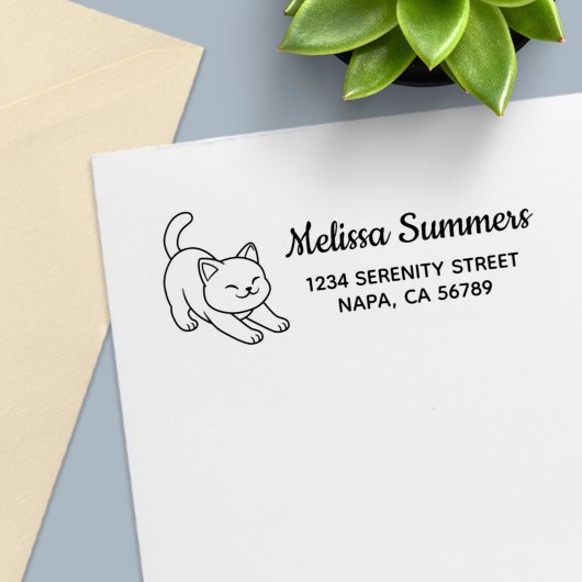 Stretching White Cat Return Address セルフインキングスタンプ