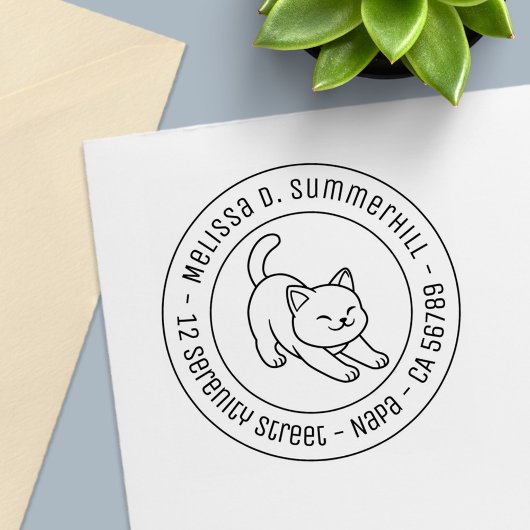 Stretching White Cat Round Address セルフインキングスタンプ