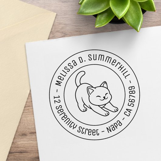 Stretching White Cat Round Address ラバースタンプ