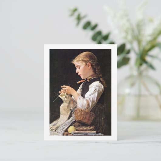 Strickendes Mädchenの編み物の女の子 ポストカード (スタンド正面)