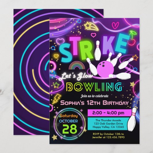 Strike Let's Glow ボウリング 女子 誕生日 招待状 (正面/裏面)