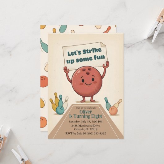 Strike Up Some Fun Bowling Party Boy 8th Birthday 招待状 (正面/裏面インサイチュ)