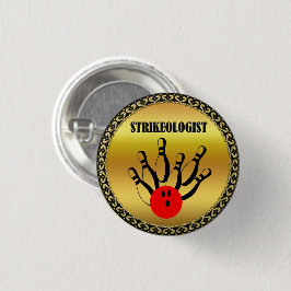 STRIKEOLOGISTという言葉でボーリングボールとピン 缶バッジ