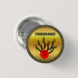 STRIKEOLOGISTという言葉でボーリングボールとピン 缶バッジ
