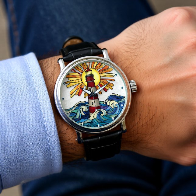 Striking Lighthouse Sun Ocean Waves 腕時計 (クリエイターアップロード済み)