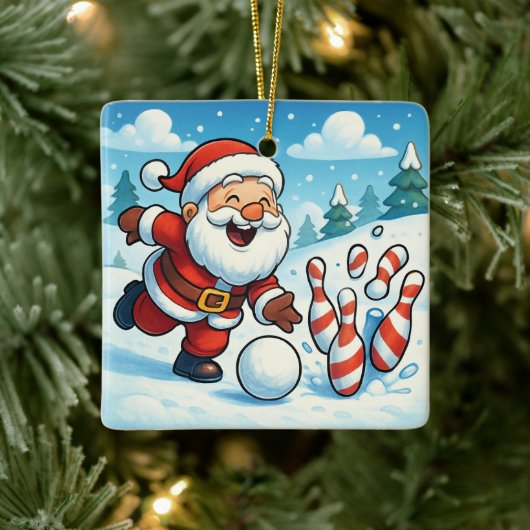 Striking Santa Bowling Candy Cane Lane Personalize セラミックオーナメント (ツリー)