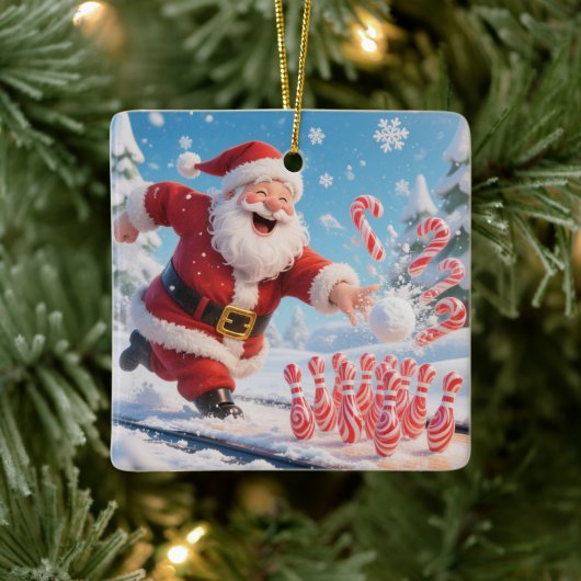 Striking Santa Bowling Candy Cane Lane Personalize セラミックオーナメント (ツリー)
