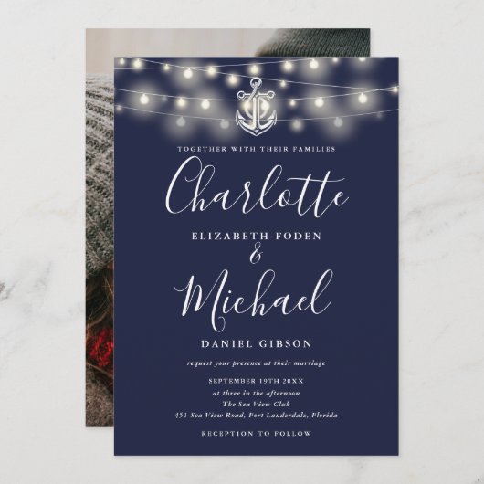 String 航海の Lights Navy Blue Photo 結婚's 招待状 (正面/裏面)