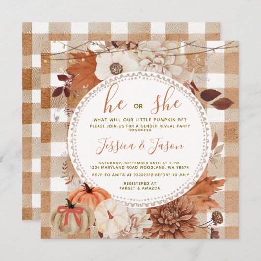 String Light Gingham Pumpkin Gender Reveal Party  招待状 (正面/裏面)