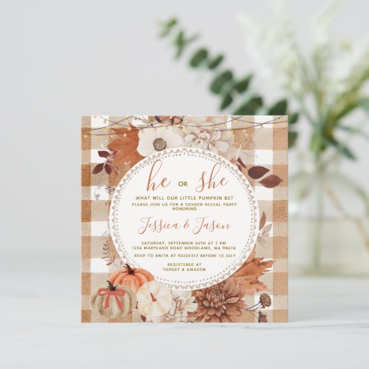 String Light Gingham Pumpkin Gender Reveal Party  招待状 (スタンド正面)