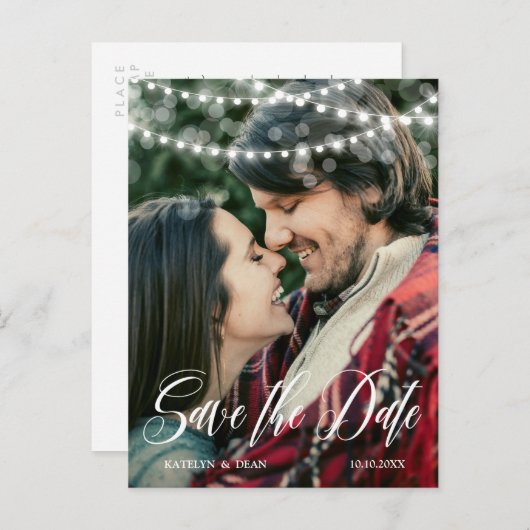 String Lightsスクリプトオーバーレイ写真の保存日付 案内ポストカード (正面/裏面)