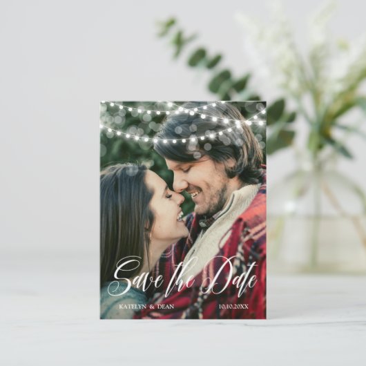 String Lightsスクリプトオーバーレイ写真の保存日付 案内ポストカード (スタンド正面)