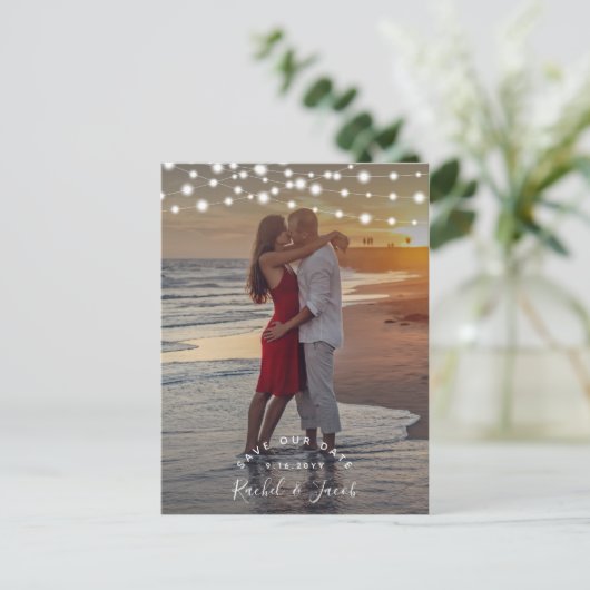 String Lightsフルフォトカードの日付を保存 ポストカード (スタンド正面)