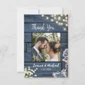 String Lightsブルーウッド&レース結婚の感謝 サンキューカード (正面)