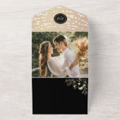 String Lights金ゴールドとブラックモノグラム結婚ズ オールインワン招待状 (外側)