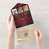 String Lights金ゴールドとブルゴーニュ結婚ーズ オールインワン招待状 (貼ってはがせる)