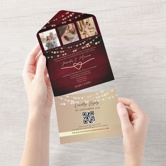 String Lights金ゴールドとブルゴーニュ結婚ーズ オールインワン招待状 (貼ってはがせる)