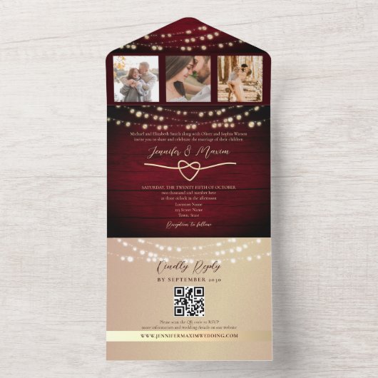 String Lights金ゴールドとブルゴーニュ結婚ーズ オールインワン招待状 (内側)