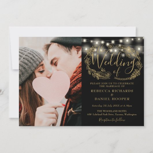 String Lights金ゴールドの葉の写真結婚の詳細 招待状 (正面)