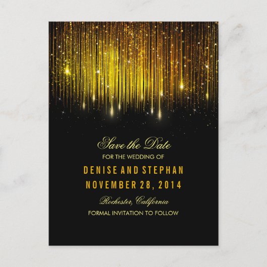 string lights金ゴールド紙吹雪black save date 案内ポストカード (正面)