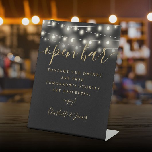 String Lights黒と金ゴールド署名オープンバー 台座サイン