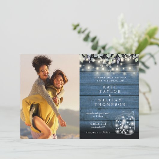 String Lights 素朴 Jars Greenery Photo 結婚's 招待状 (スタンド正面)