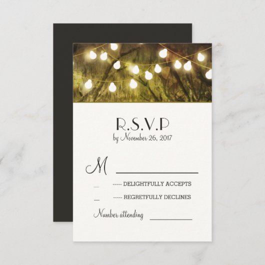 String Lights 素朴 Trees Wedding RSVPカード (正面/裏面)