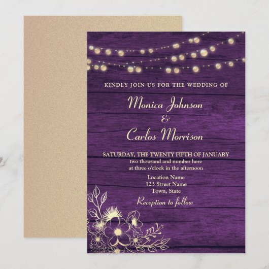 String Lights 素朴 Wood Purple結婚's 招待状 (正面/裏面)
