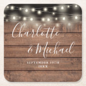 String Lights 素朴 Wood Signature Script結婚's スクエアペーパーコースター (正面)